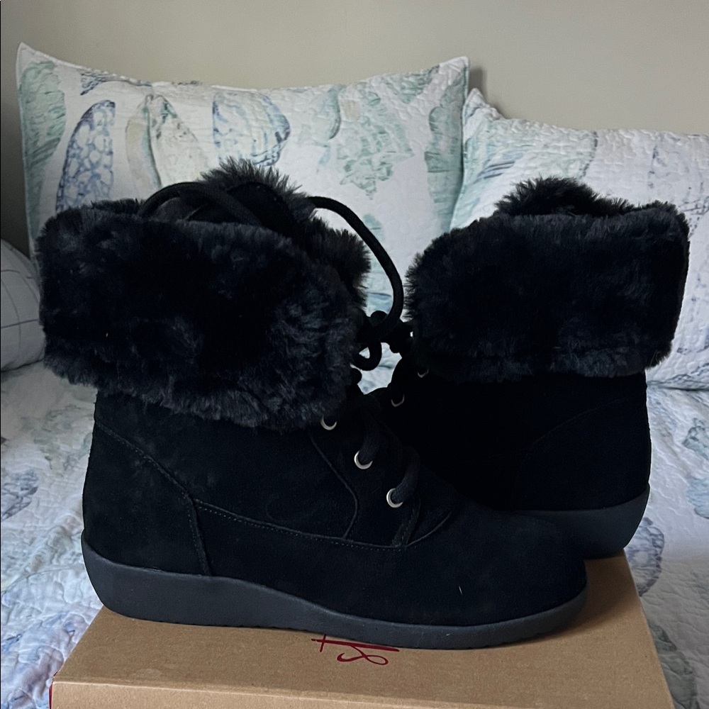 Style & Co. Black Faux Fur Lace-Up Wedge Ankle Boots